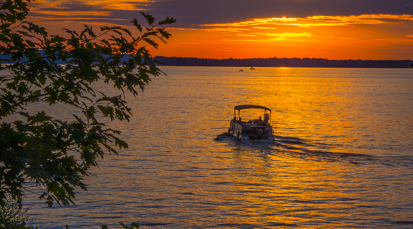 Pontoon on Lake Koshkonong at sunset