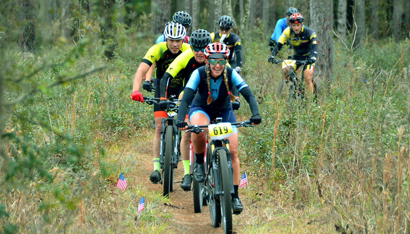 Group of cyclists on dirt path