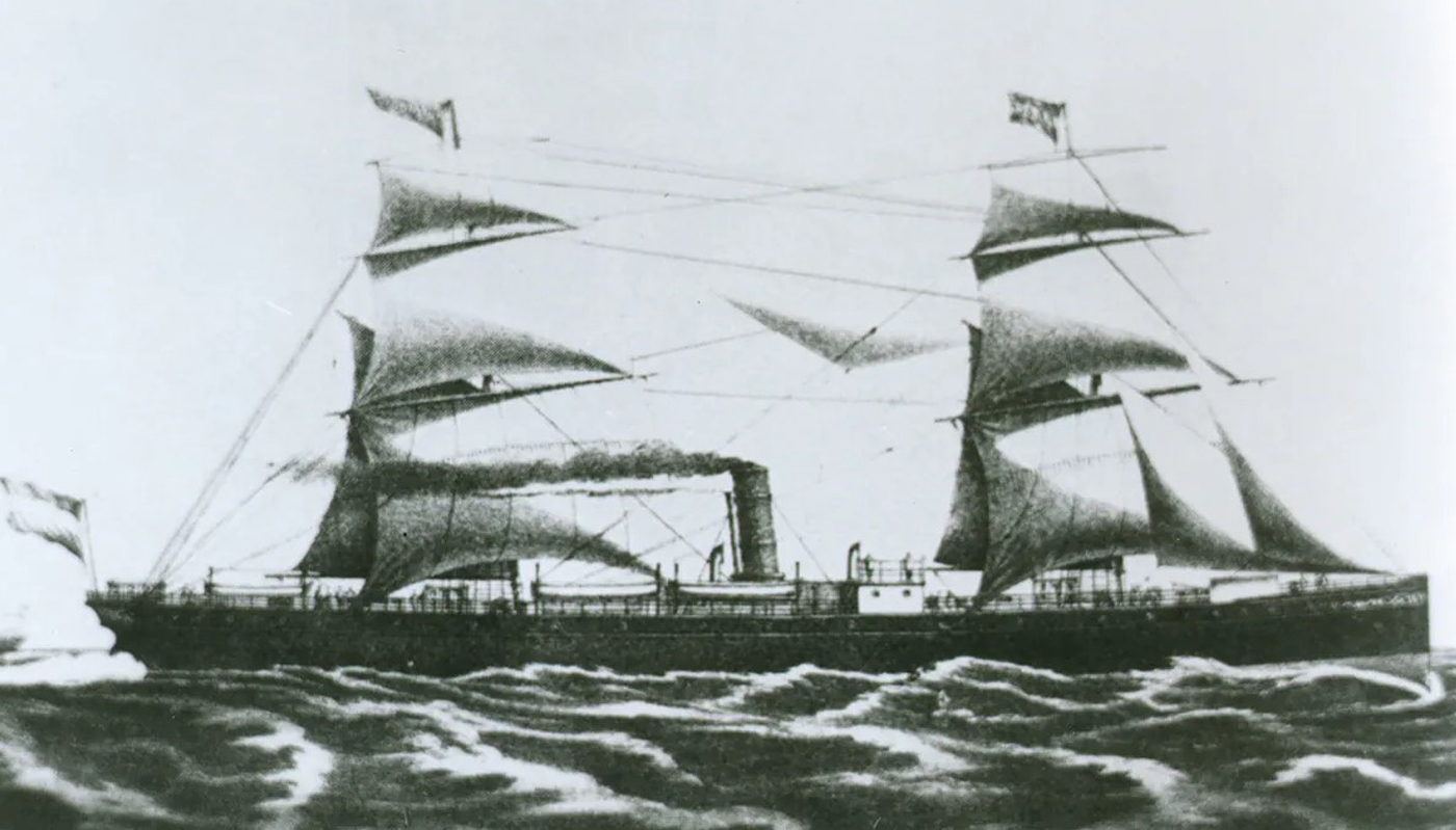 A drawing of the Rotterdam I sailing her maiden voyage and first transatlantic cruise from Rotterdam, Holland to New York City.
