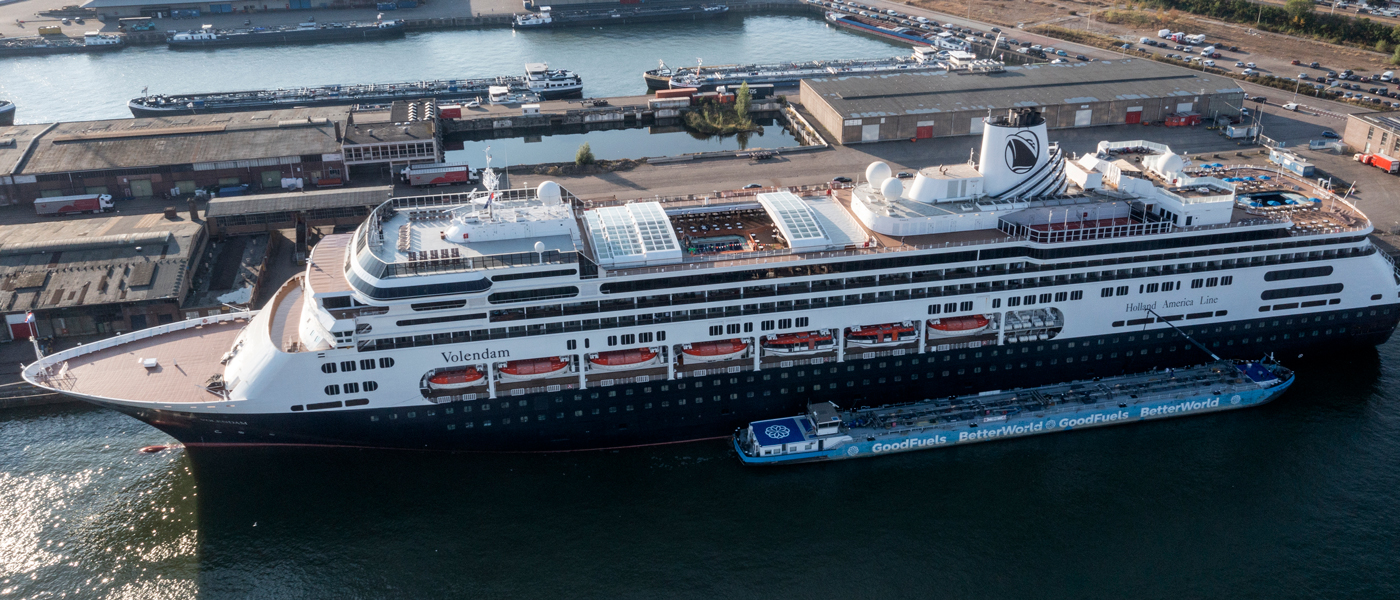 A Holland America cruise ship in port. This is one of their ships that uses biofuel as part of the company's commitment to reduce emmissions.