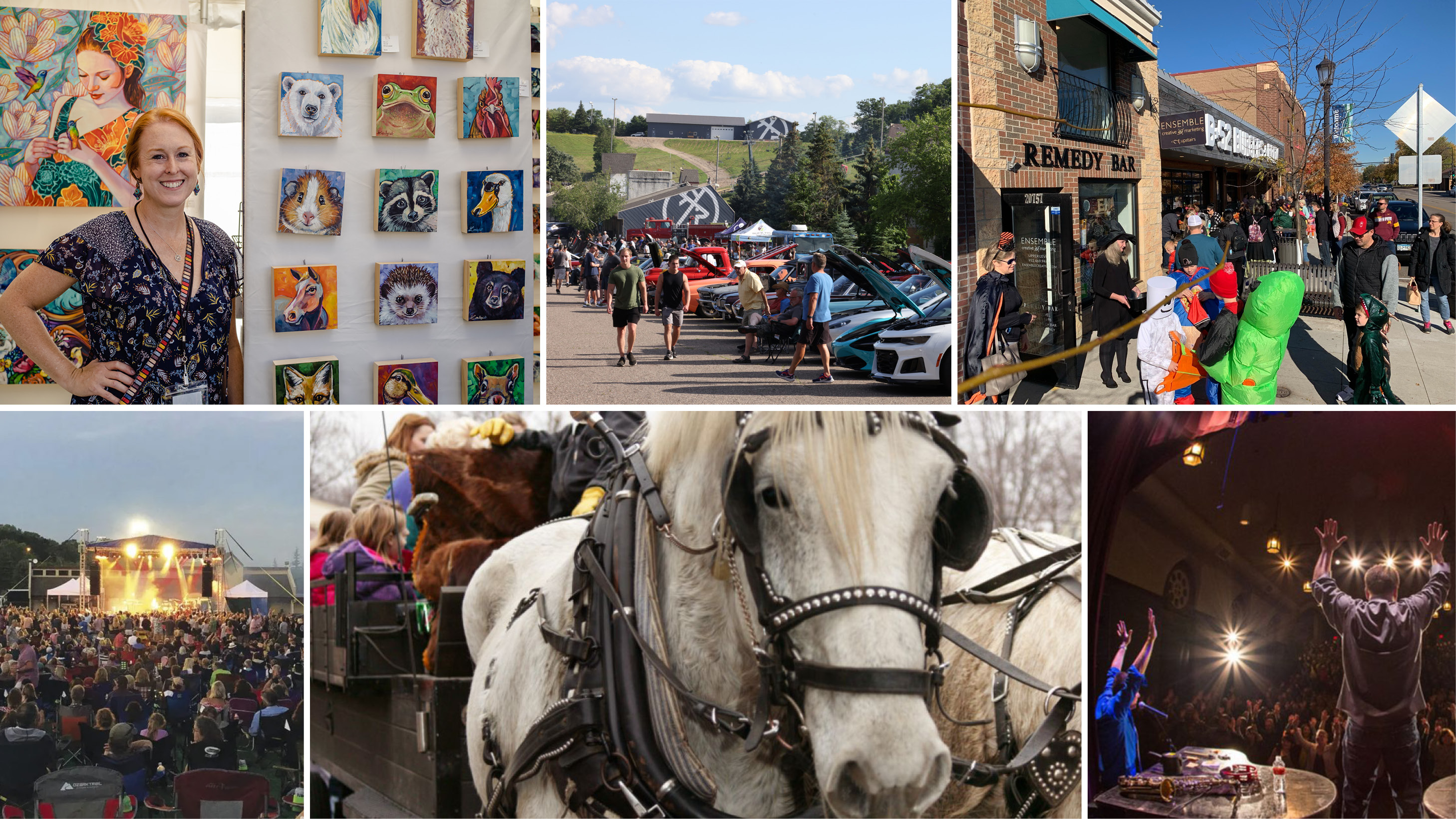 Crowd of people on a street in Lakeville. Smiling female artist standing in front of her work that is hanging on a wall at an art gallery. People walking around a car show. A concert at Buck Hill with the musicians on stage and a large audience. Horses pulling a carriage. Performers on stage in front a full audience. Business owners in Halloween costumes are handing out candy. Kids in Halloween costumes are Trick or Treating. Parents are out with their kids Trick or Treating.