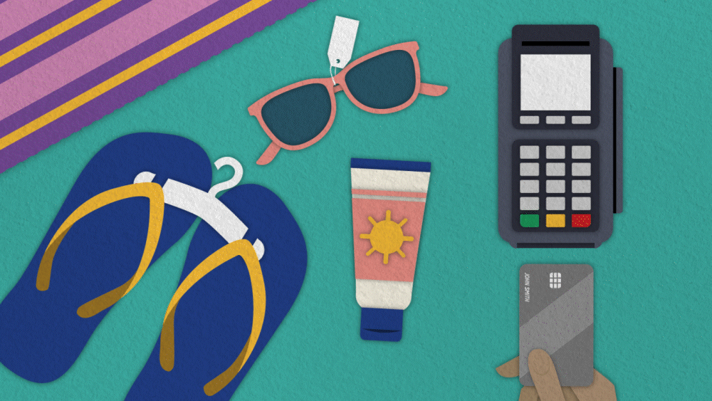 Gif of a credit card terminal, sunscreen, flip flops and sun glasses